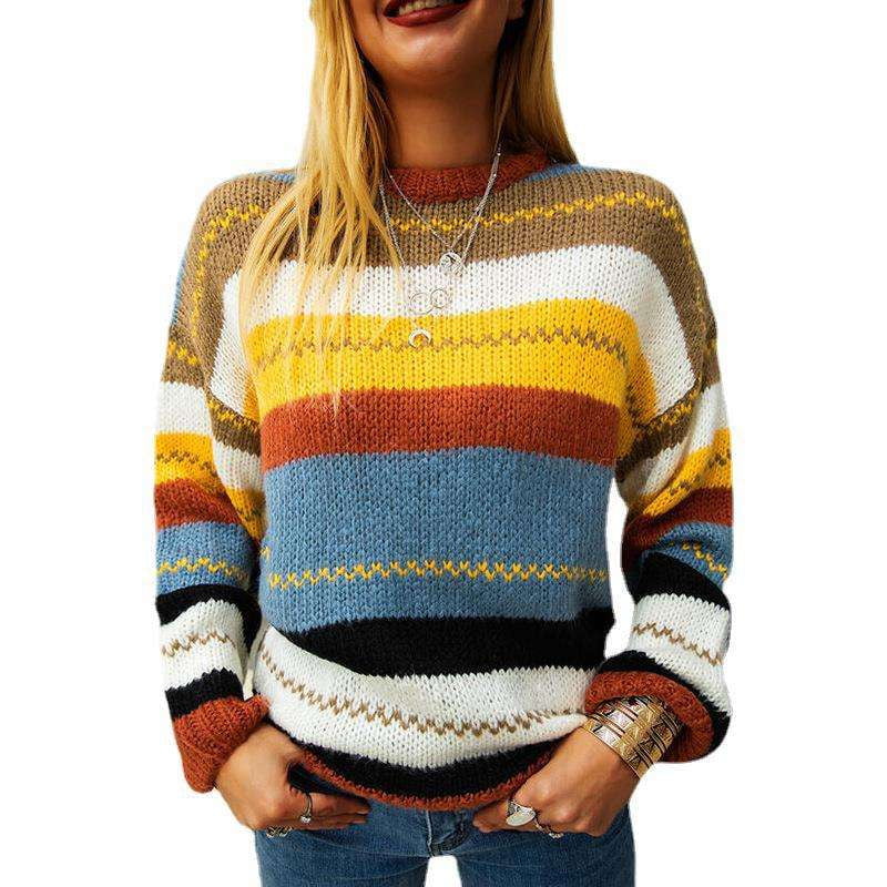 Colorful Sweater Top, Ladies Round Neck, Stripe Stitch Sweater - available at Sparq Mart