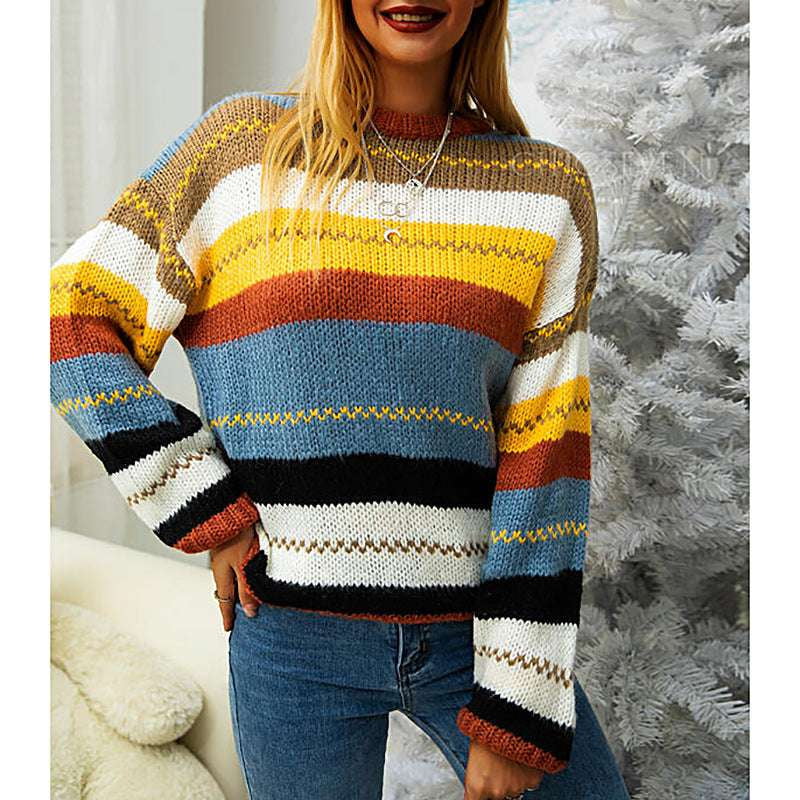 Colorful Sweater Top, Ladies Round Neck, Stripe Stitch Sweater - available at Sparq Mart