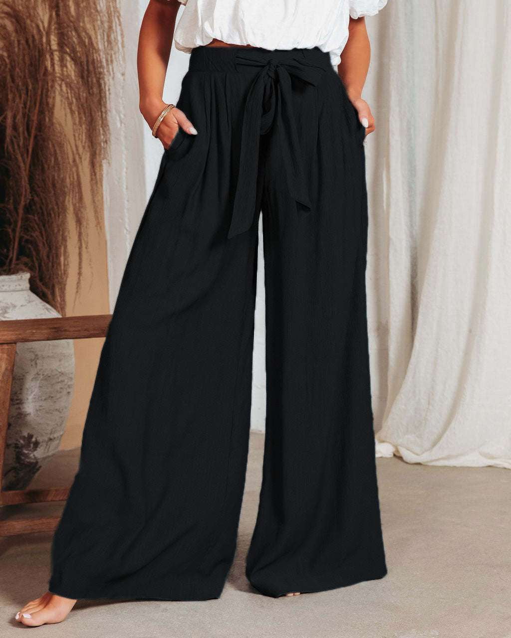 Comfortable Polyester Trousers, Elegant High-Waist Pants, Women's Wide-Leg Slacks - available at Sparq Mart