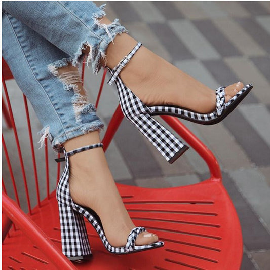 Chic Plaid Pumps, Chunky Heel Shoes, Fashionable High Heels - available at Sparq Mart